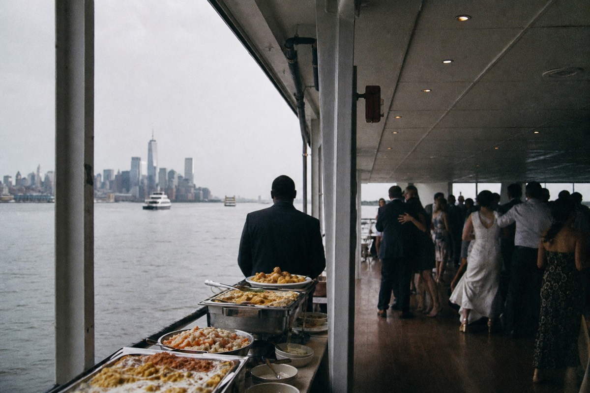 Buffet service and a dance floor aboard a large New York harbor dinner boat