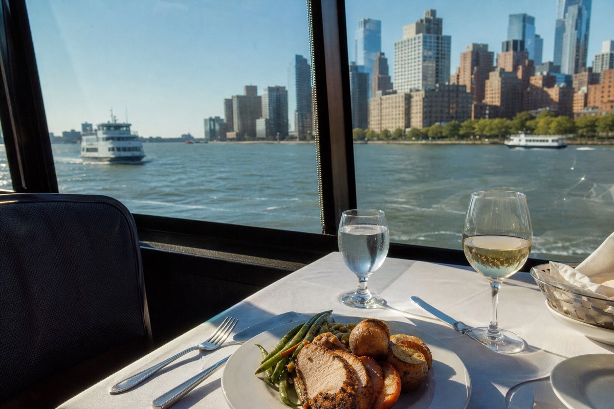 Plated course served at a white-linen table on a glass-enclosed New York dinner cruise