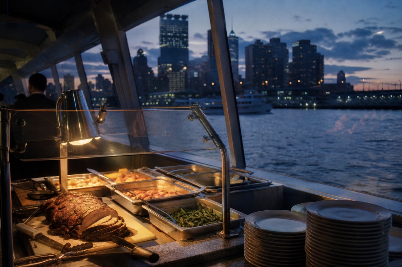 A carving station and hot trays along a ship's buffet line, plates stacked at the end, harbor water visible through the window behind