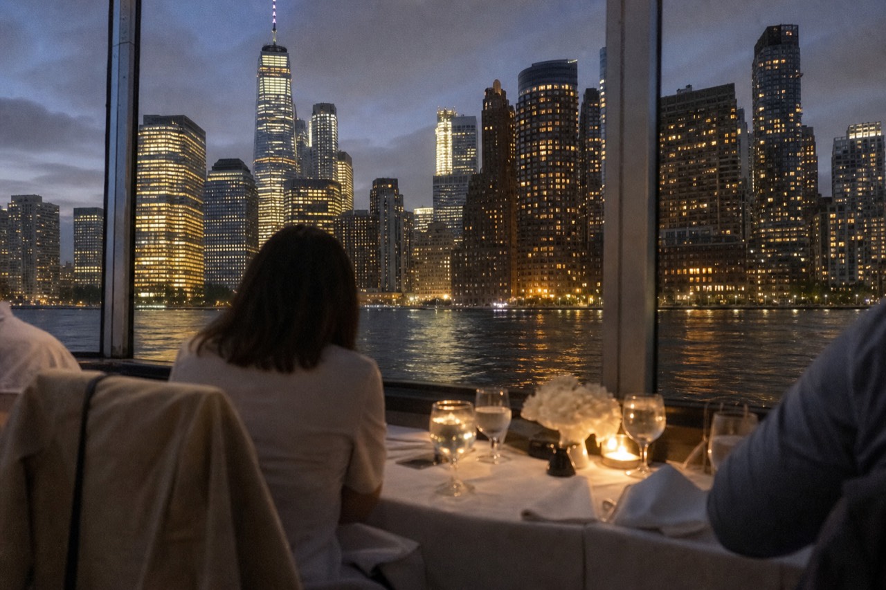 Diners at a white-clothed window table on a glass-sided harbor boat at dusk, the lit Manhattan skyline sliding past outside the glass.