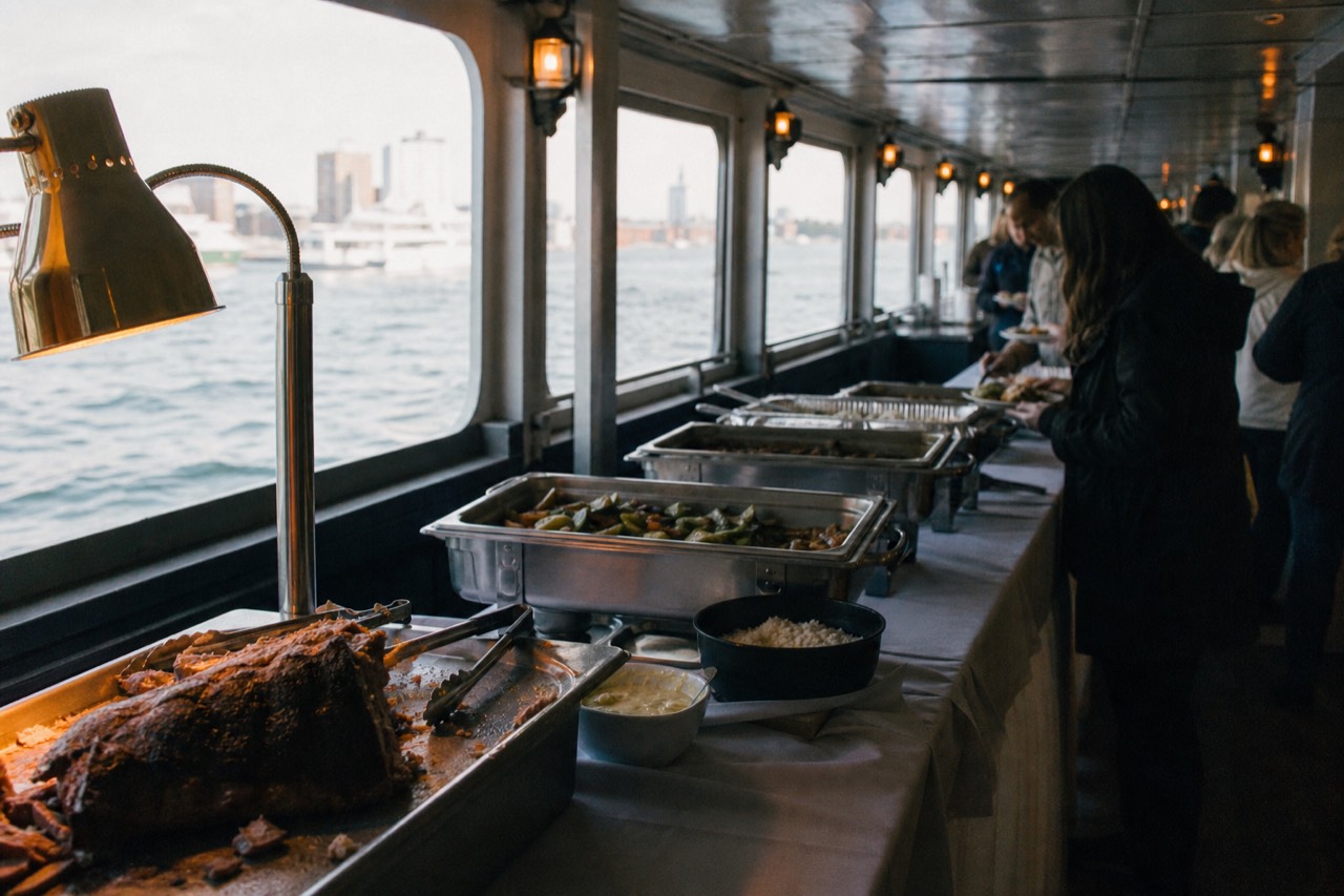 A long buffet line with chafing dishes and carving station on a covered boat deck, passengers serving themselves with the harbor visible through the windows