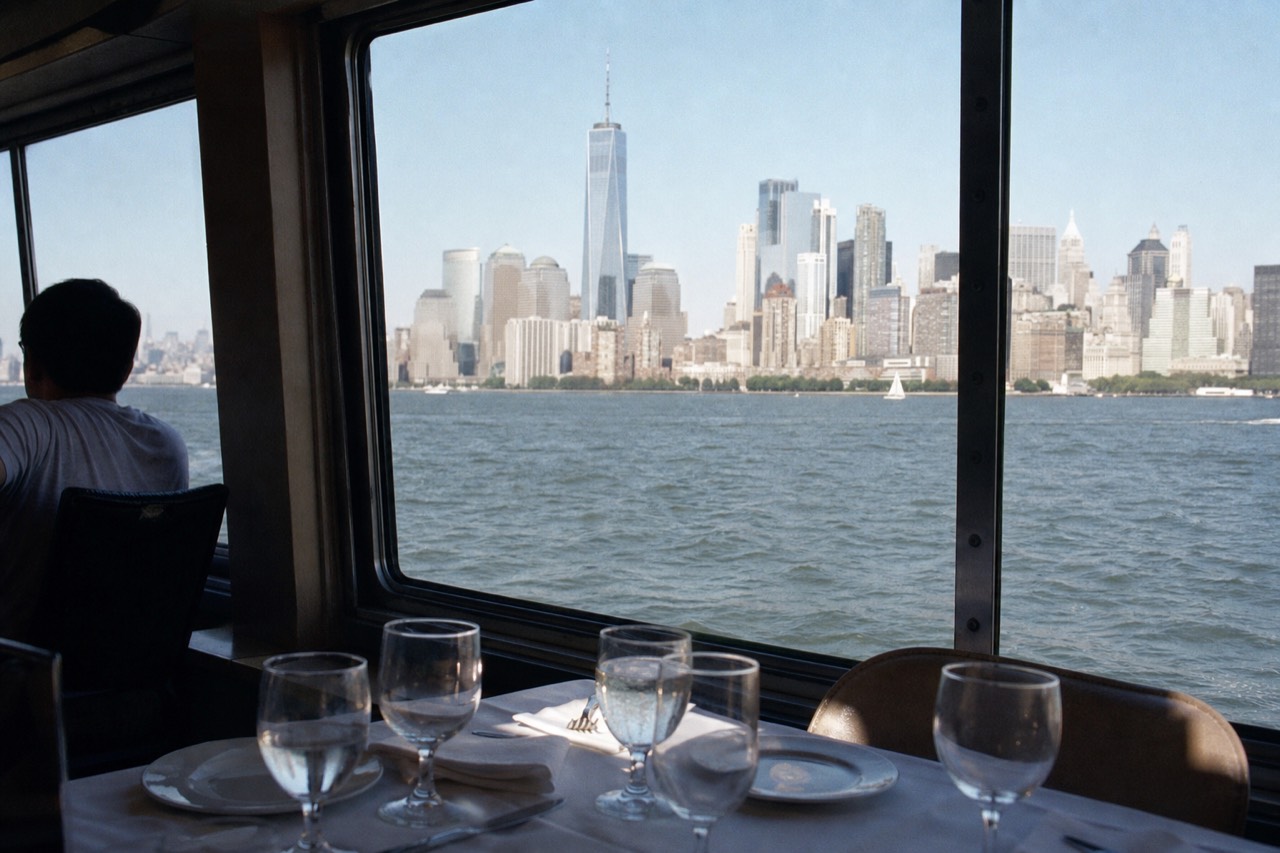 A window table on a harbor boat in bright daylight, plates and glasses set, the Manhattan skyline sharp across the water outside