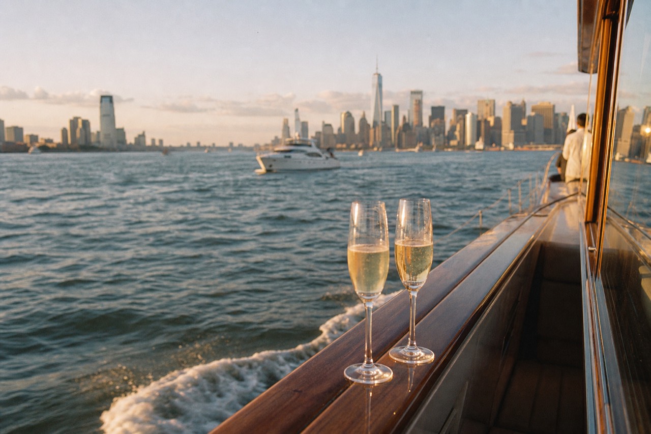 Two champagne flutes on the teak rail of a classic motor yacht at golden hour, the Manhattan skyline low and gold behind the water