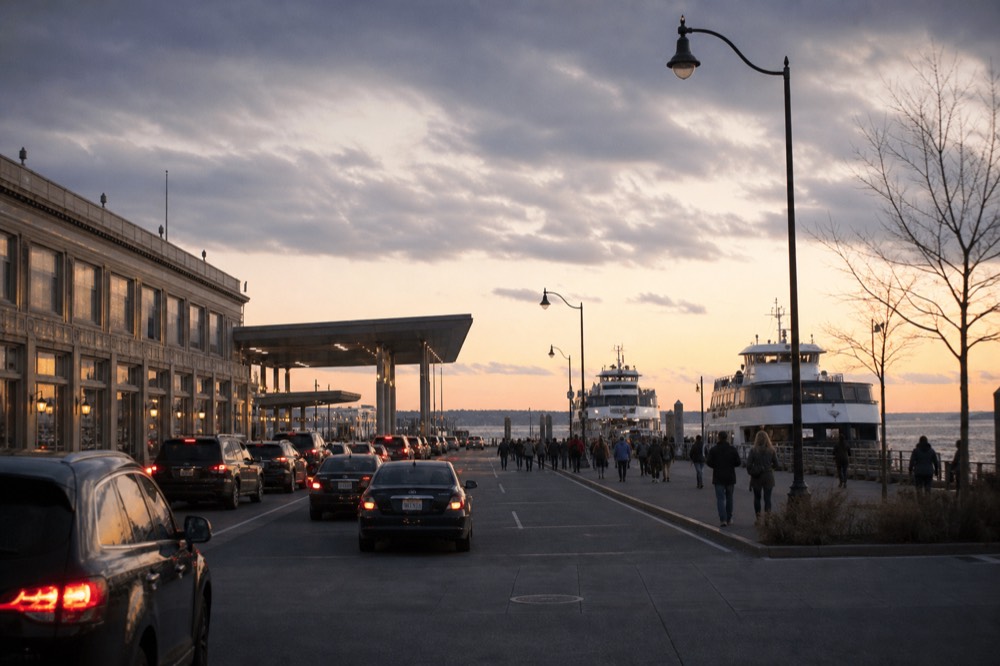 Waterfront pier complex entrance at dusk with vehicles queuing and pedestrians crossing a wide riverside avenue toward moored vessels