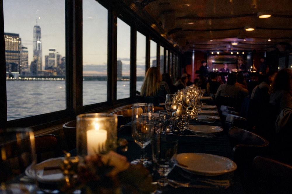 Long dining saloon on a harbor yacht with a small performance area at one end, tables laid for a multi-course meal