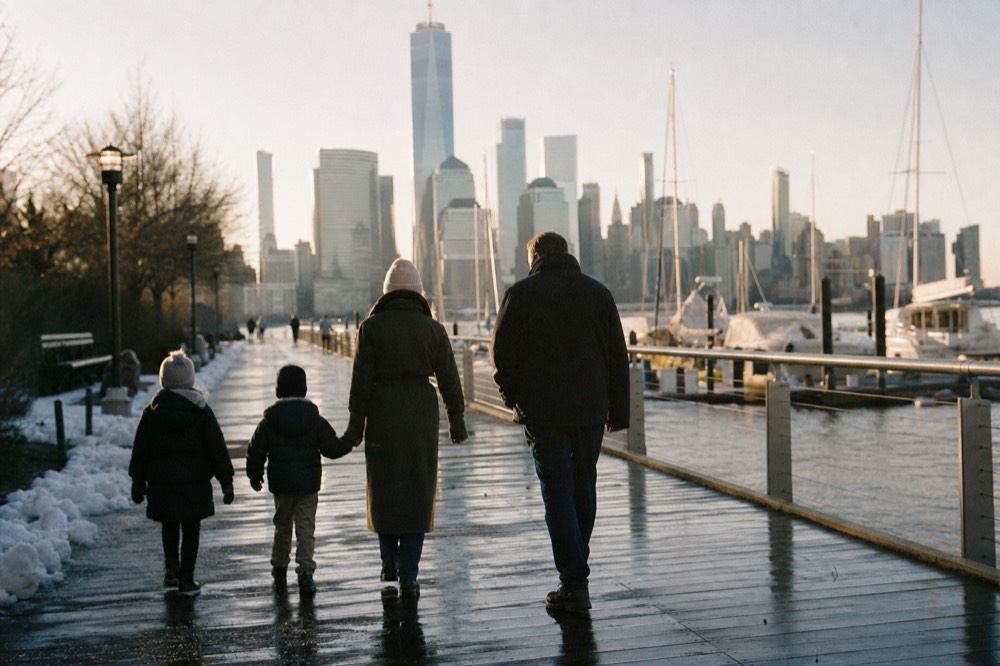 Family group walking along a waterfront park path toward a marina at golden hour, city skyline across the water ahead of them