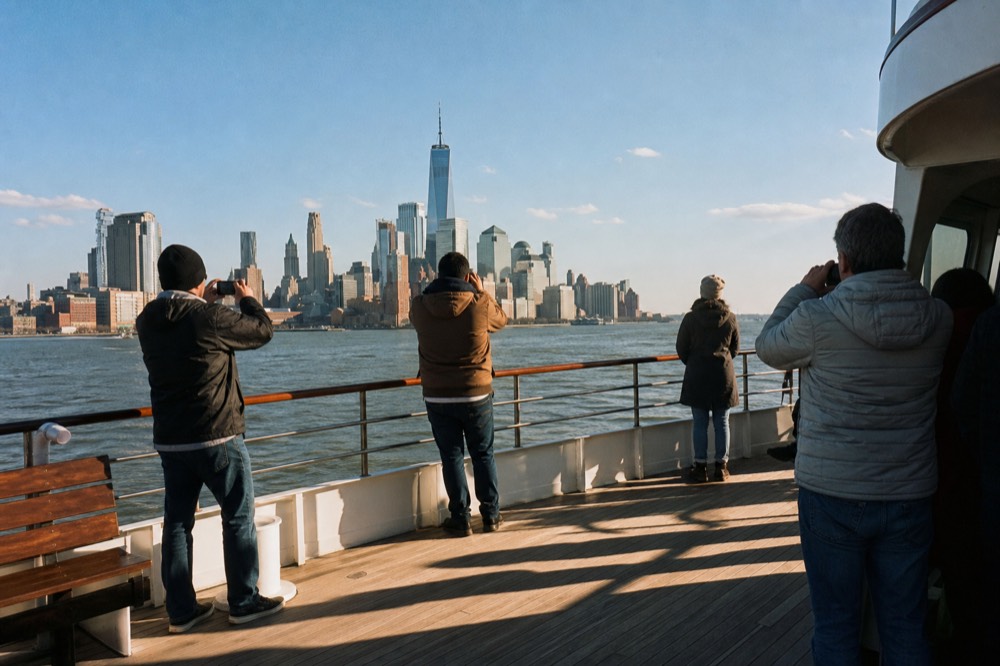 Passengers at the rail of a classic yacht photographing the skyline as the sun drops, long shadows across a wooden deck