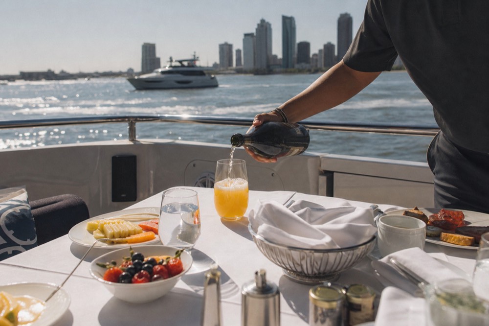 A server pouring sparkling wine into a glass of orange juice at a brunch table on a boat, sunlight across white linen