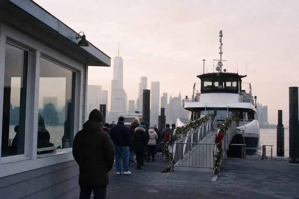 A pier ticket window and boarding sign in winter twilight with passengers in coats waiting beside a decorated gangway