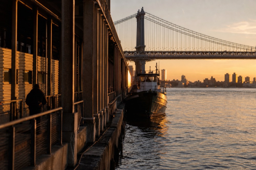 Long East River pier structure at golden hour with the Manhattan Bridge tower rising beyond and a moored vessel alongside