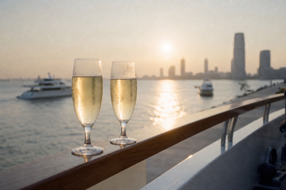 Two champagne flutes resting on a varnished wooden rail of a yacht deck with the harbor and low sun blurred behind them