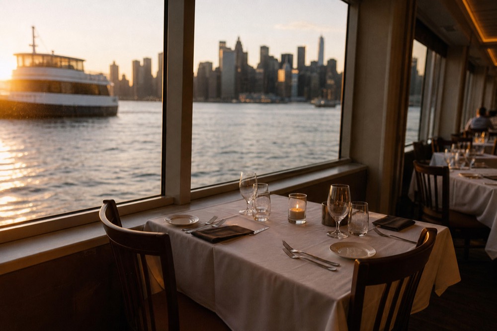 A reserved two-person table beside a window on a small yacht, place settings and a single candle, empty larger tables blurred beyond