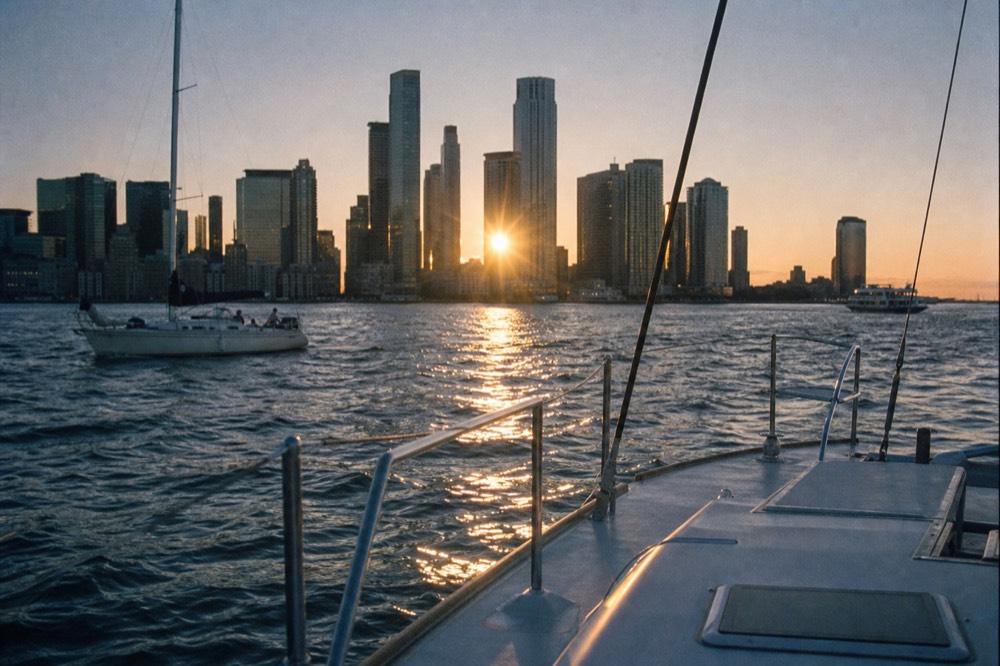 Low sun breaking between skyscrapers and throwing gold across choppy harbor water, seen from the open deck of a small yacht