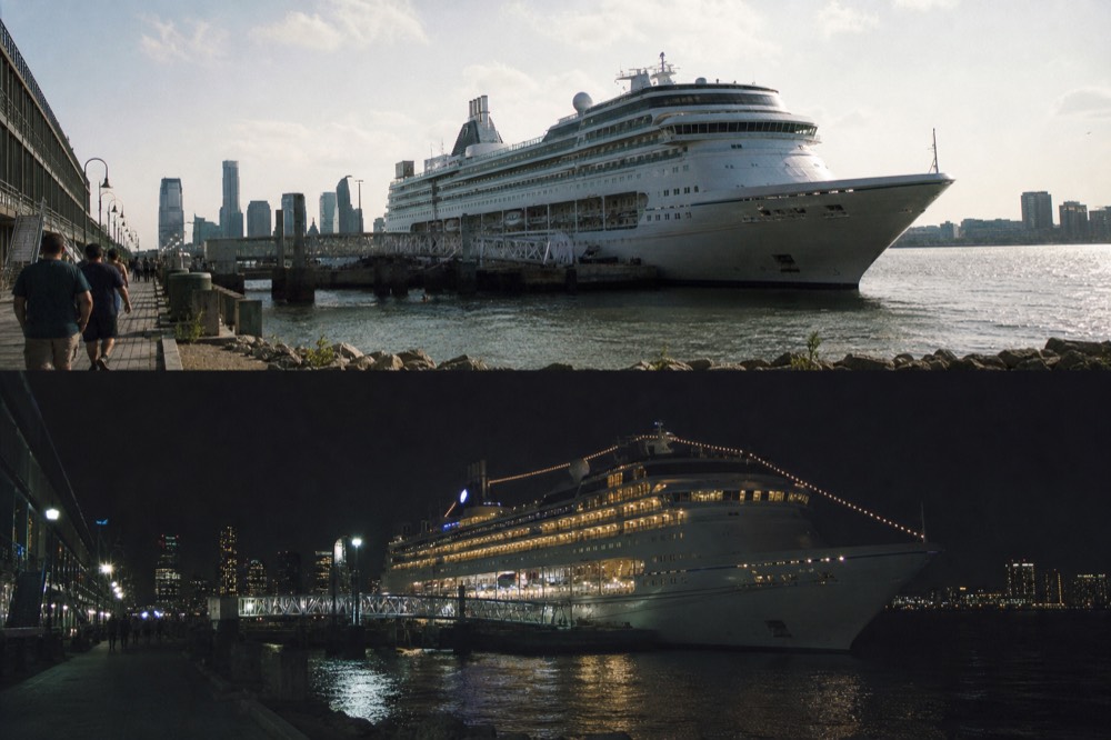 Same style of cruise vessel photographed twice, once in bright midday light and once at night with illuminated windows, moored at a river pier