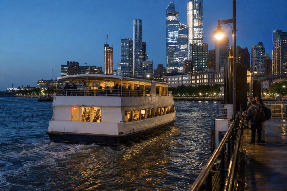 Two-deck excursion boat pulling away from a Chelsea pier at blue hour with warm windows and the West Side skyline rising behind