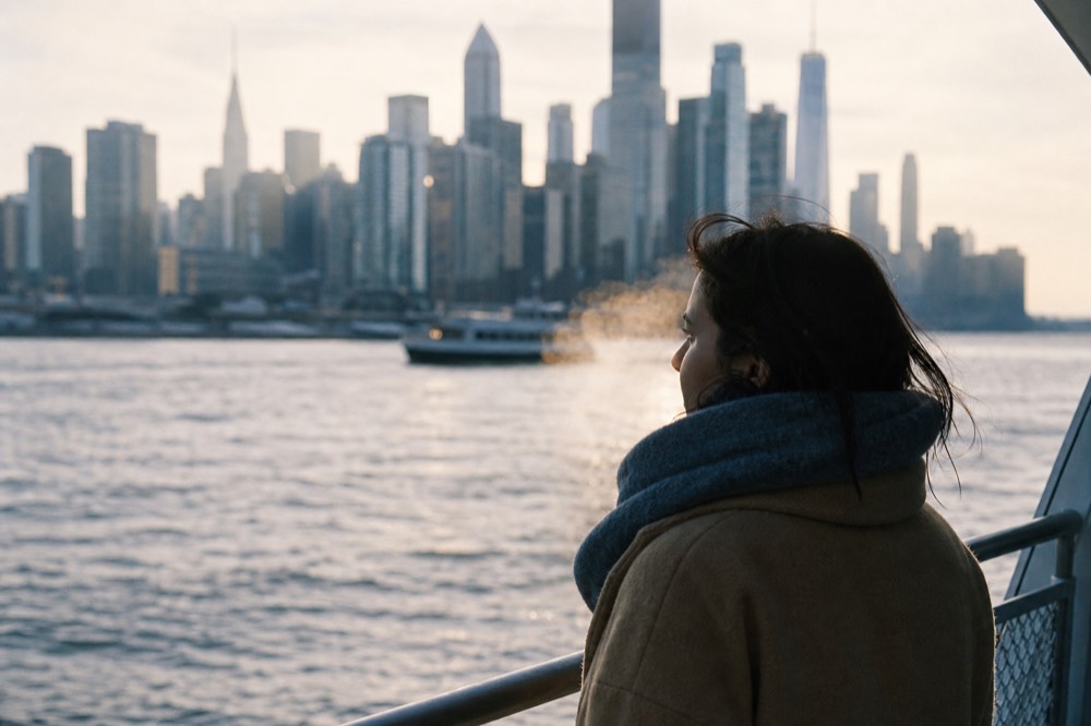 Woman in a wool coat and scarf standing at an open boat rail in winter with breath visible and lit buildings blurred behind