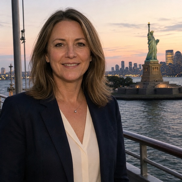 Olivia Bennett, NYC dinner cruise specialist, on a harbor deck at sunset with the Statue of Liberty behind her